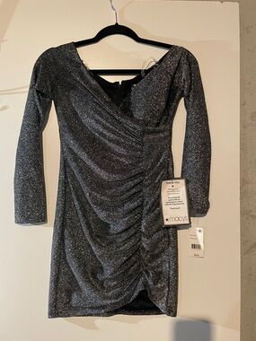 Macy's Silver Glitter Ruched Long-Sleeve Dress
